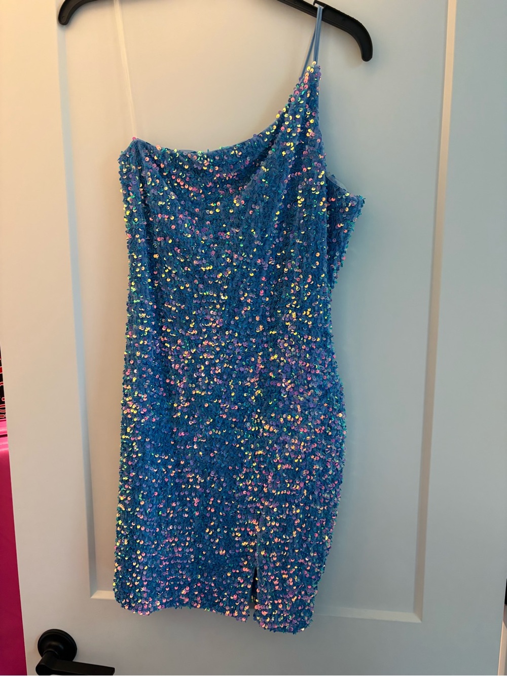 Blue Sequin One-Shoulder Mini Dress with slit